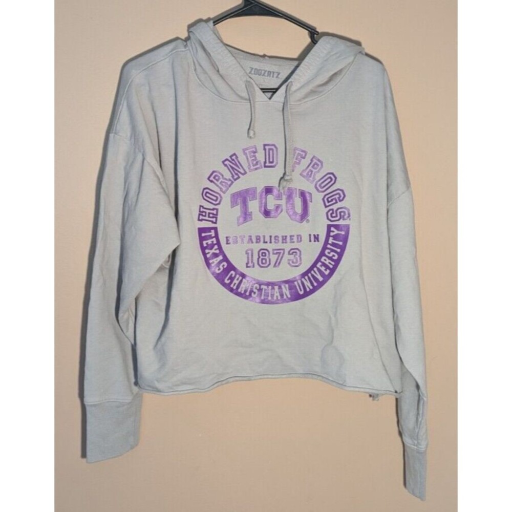 TCU Horned Frogs Crop Top Hoodie Womens Size Large Gray New w/tags Zoozatz